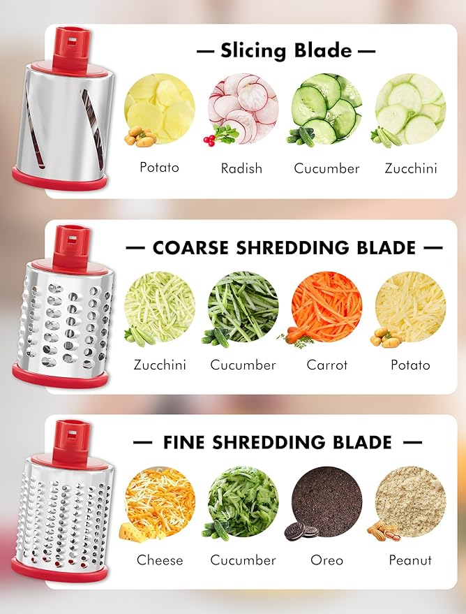 GDL Rotary Cheese Grater, Upgraded 5-in-1 Cheese Grater Hand Crank, Multi-purpose Cheese Shredder with Handle, Vegetable Slicer Cutter Ice Shaver for Potato, Carrot, Nuts, Chocolate