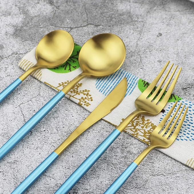 Gugrida Blue Handle Matte Gold Silverware Set - 5-Piece 18/10 Stainless Steel Satin Finish Flatware, Kitchen Utensils, Tableware Travel Cutlery for Camping, Office, School Lunch - Dishwasher Safe