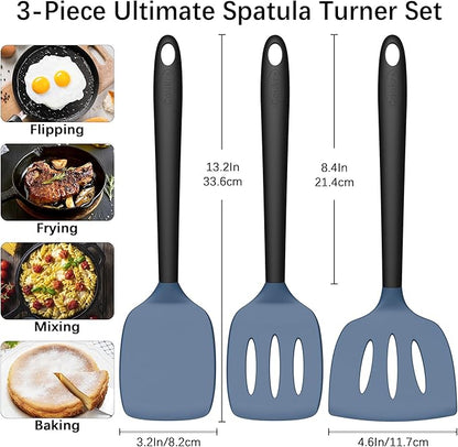 Coukre 3 Pack Silicone Spatula Set, High Heat Resistant, BPA-Free, Fish Spatula, Solid & Slotted Turner for Non-Stick Pans, Flipping Eggs, Pancakes, Fish, Burgers (3, DarkBlueBlack)