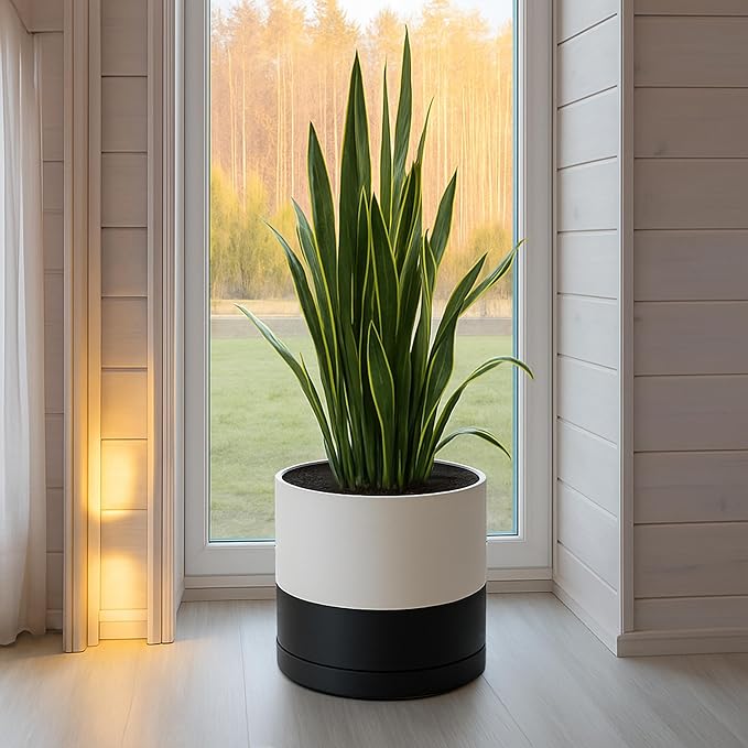D'vine Dev 14 Inch Ceramic Planter Pot with Drainage Hole and Saucer, Indoor Cylinder Round Planter Pot, Layered Monochrome Black & White, 94-O-G-L