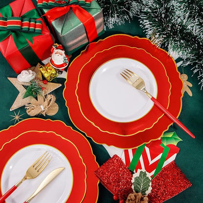 WDF 30Guest Red Christmas Plates - Gold Plastic Silverware With Red Handle - Christmas Plates Disposable- Baroque Plastic Dinnerware for Party