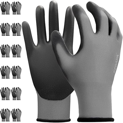 Kebada W1 Work Gloves for Men and Women,12 Pairs Touchscreen Working Gloves with Grip, PU Coating on Palm & Fingers,Gray Small