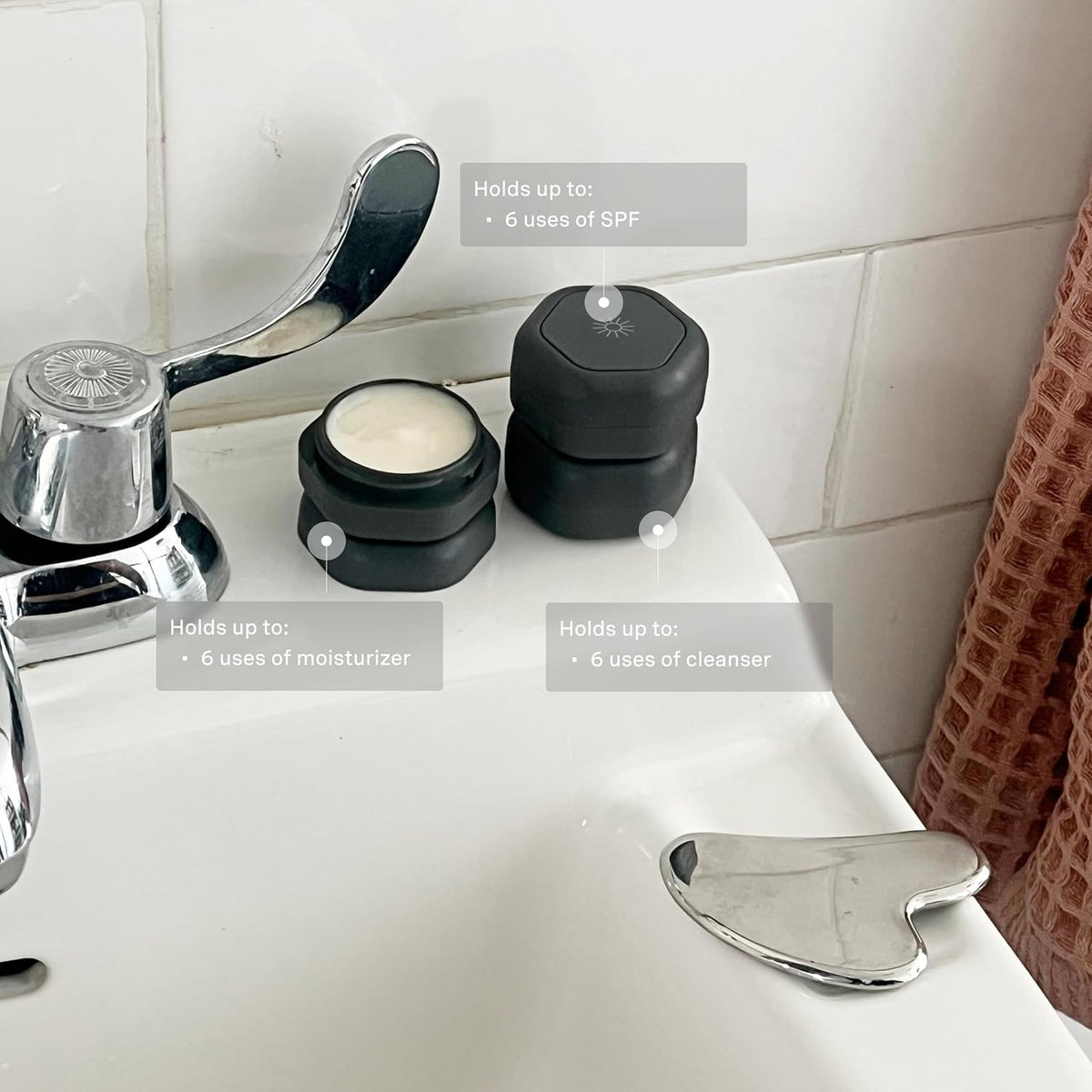 Cadence Travel Containers Basic Skincare Set - Magnetic Containers with Lids,Carry On Travel Essentials For Women/Men - 3 Small Capsules (0.56oz) - Cleanser, Moisturizer & Sun-Icon Labels - Charcoal