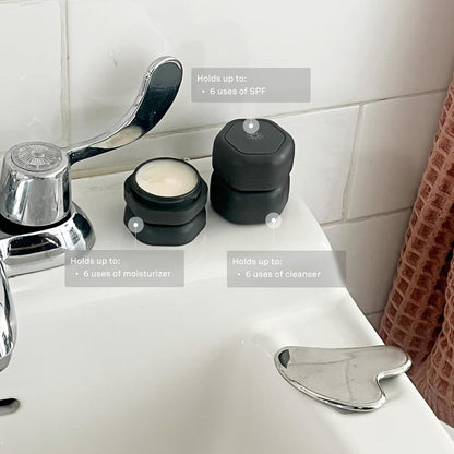 Cadence Travel Containers Basic Skincare Set - Magnetic Containers with Lids,Carry On Travel Essentials For Women/Men - 3 Small Capsules (0.56oz) - Cleanser, Moisturizer & Sun-Icon Labels - Charcoal