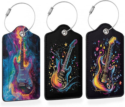 Electric Guitar Neon 3 PCS PU Leather Luggage Tags for Suitcase, Color Burst Guitar Luggage Tag with Privacy Flap, Name ID Label and Metal Loop for Women Men Baggage Handbag School Bag Backpack
