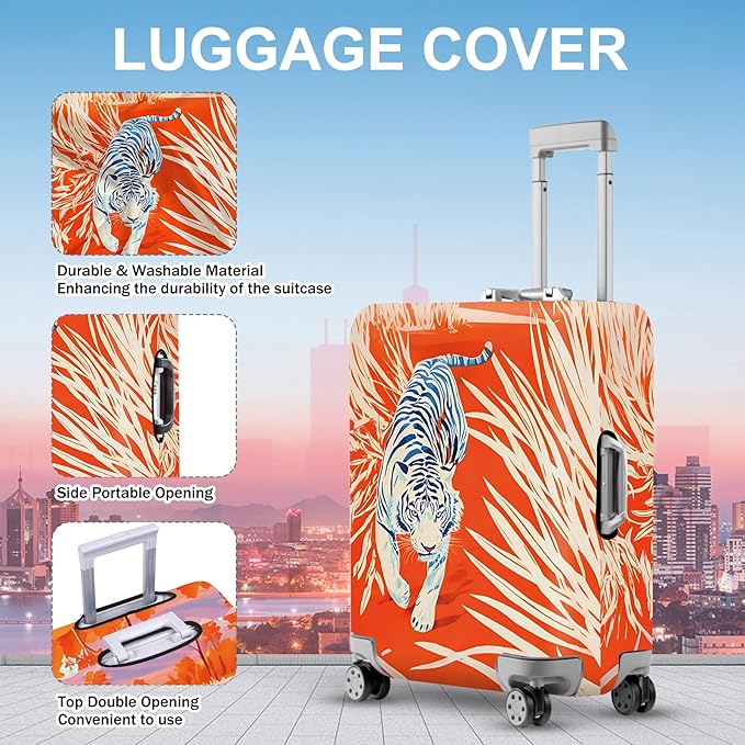 ANNA QUEEN Funny White Tiger Luggage Cover, Suitcase Protector with Bold Jungle Animal Print, Stretchable, Washable Travel Cover for 24-26 Inch Luggage