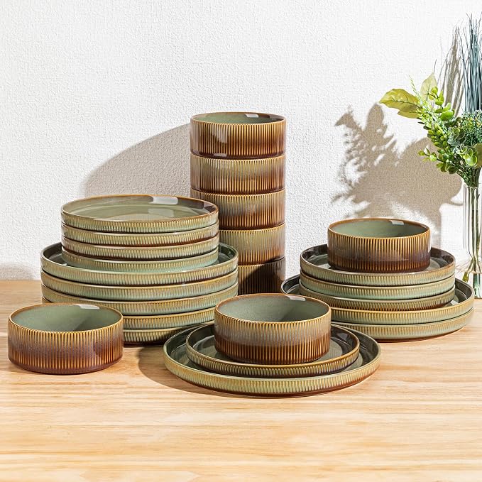 Ceramic Dinnerware Set for 8, 24-Piece Plates and Bowls Set | Lightweight