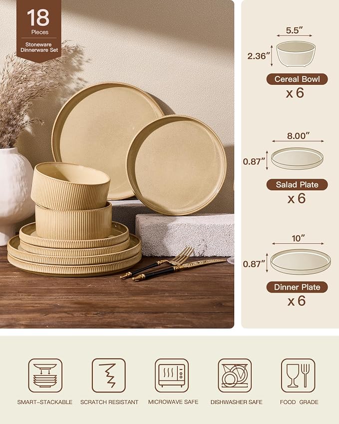 Dinnerware Set for 6, Ceramic Ribbed Plates, Dishes | 18-Piece Stoneware Dinner