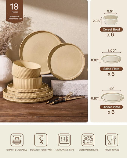Dinnerware Set for 6, Ceramic Ribbed Plates, Dishes | 18-Piece Stoneware Dinner