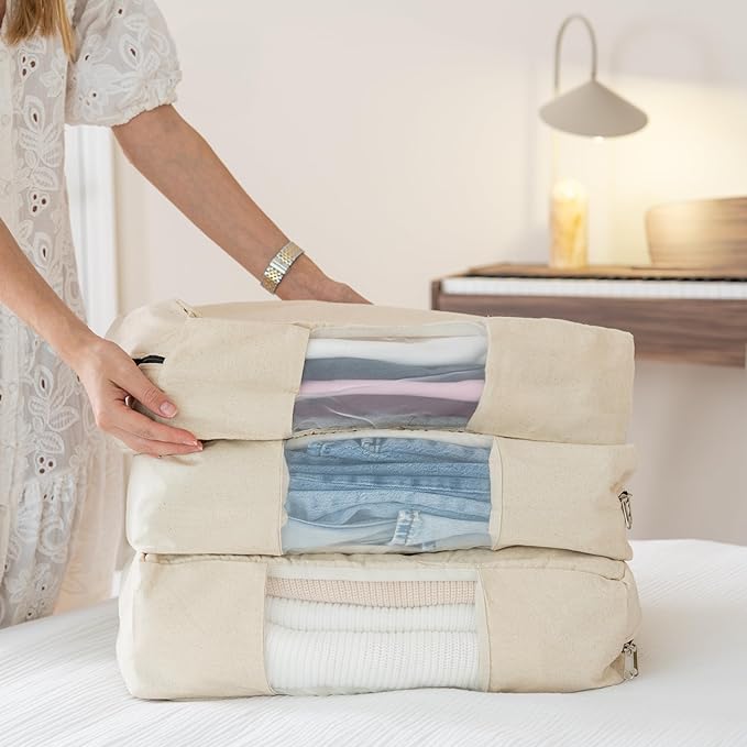Clothes Storage Bags - 100% Cotton Canvas Sweater Storage Bags with Zipper - Reusable, Washable, Breathable, and Moth Proof Garment Bags - Convenient and Easy to Carry and Organize (2 Bags)