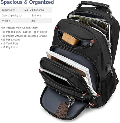 Boniyee Travel Backpack 17.3 Inch, Business Anti-Theft Laptop Bag with USB Charging Port, Waterproof