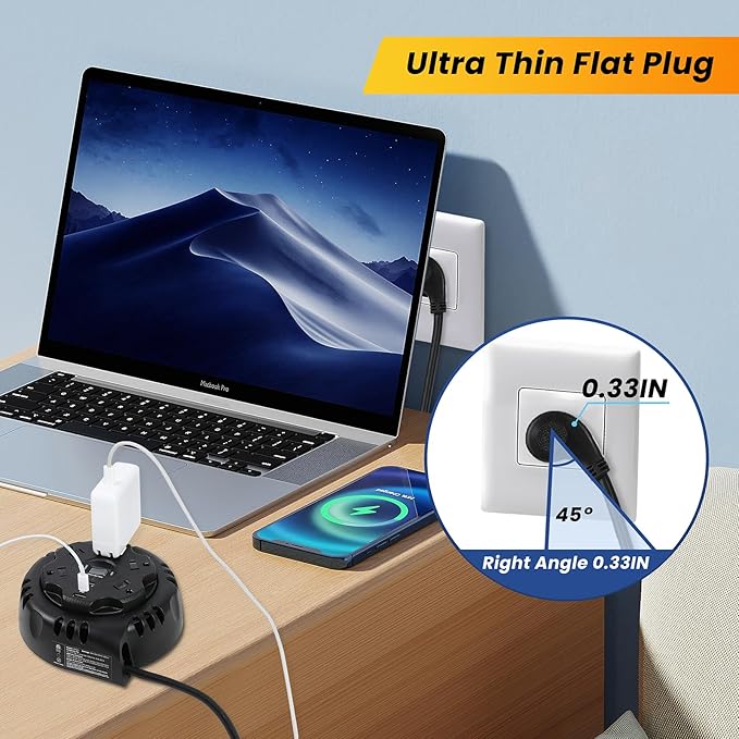 10ft Flat Plug Surge Protector Power Strip, Retractable Extension Cord with Multiple Outlets, 5 AC & 3 USB Charger(1 USB C Port), Desktop Charging Stations for Home/Office/Dorm Room