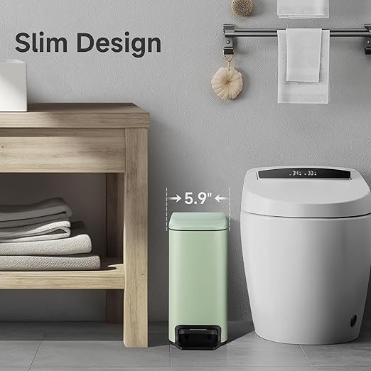 TIPGO Slim Bathroom Trash Can with Lid Soft Close, 6 Liter / 1.6 Gallon Stainless Steel Garbage Can with Removable Inner Bucket, Step Pedal, Small Trash Cans for Bedroom, Office, Kitchen (Green)
