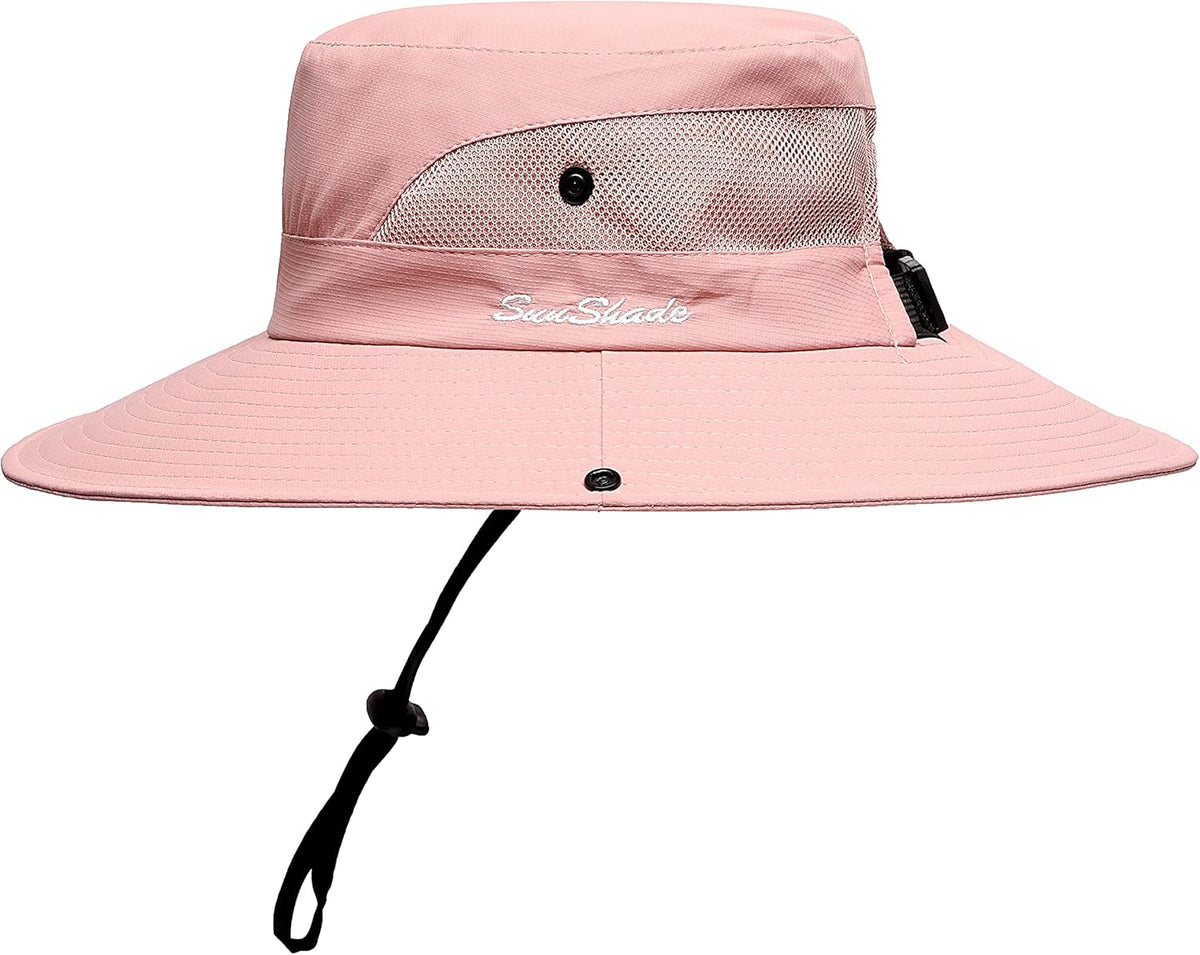 Womens Summer Sun Hat Beach Hat Wide Brim Outdoor UV Protection Hat Foldable Cool Mesh Ponytail Bucket Hat