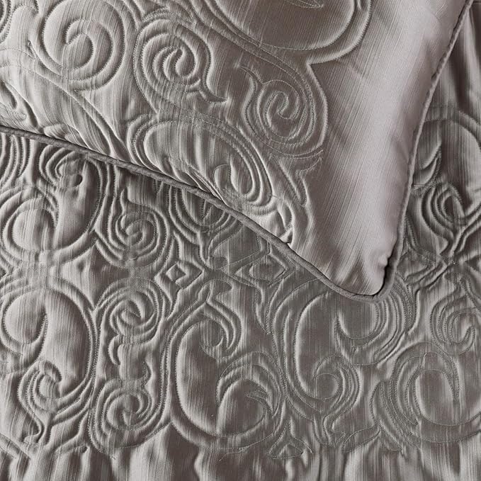 The HomeCentric Handmade Silver King 90 x 18 inch Bed Runner with 2 Matching Pillow Cover, Satin Quilted Bed Scarf, Abstract Modern - Silver Soft