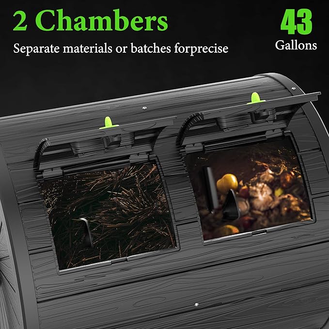 Dual Chamber Tumbling Composter 43 Gallon Large Outdoor Tumbling Composter Efficient Batch Composting Easy Turn Design (Black)