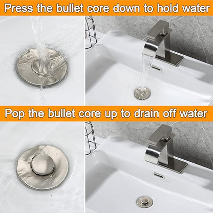 Bathroom Sink Drain Stopper for 1.1 to 1.5 inch Standard Drain Holes, Pop-up Sink Stoppers, Bullet Core Push Type Basin Drain Filter, Anti Clogging Stainless Steel Sink Strainer With Basket, Brushed