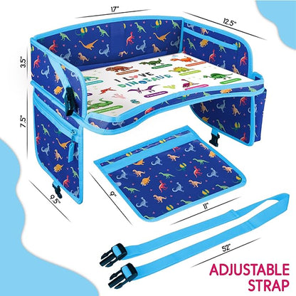 Kids Travel Tray - Waterproof Car Table with No-Drop Large Tablet Holder - Car Seat Tray - Road Trip Must Haves - Lap Desk Kids Organizer for Airplane - Toddler Travel Activities (Blue)