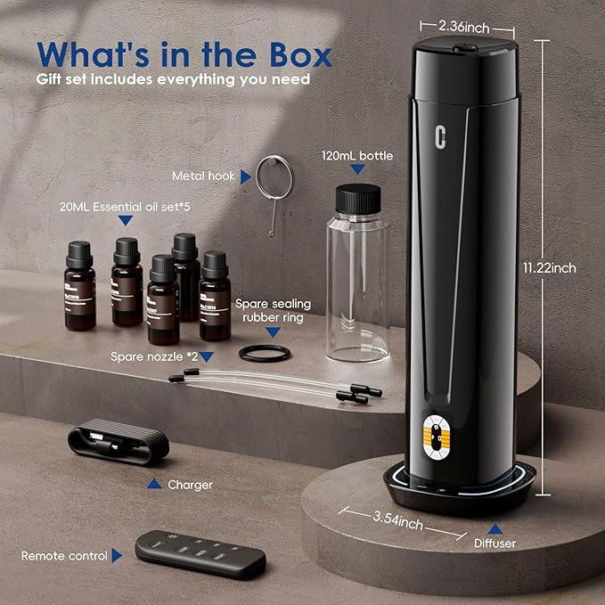 Waterless Scent Diffuser – 1200 Sq Ft Coverage, Essential Oil Diffuser with Remote Control, Quiet Aromatherapy Diffuser with LED Light & Timer, Scent Air Machine for Home, Office, Hotel