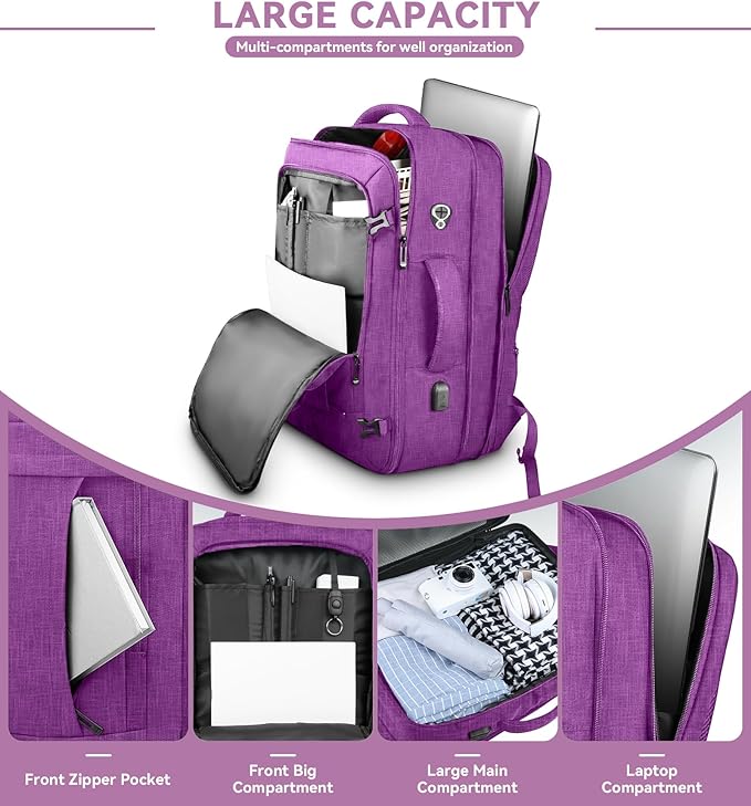 60L Carry On Backpack, Extra Large Laptop Backpack, Big Capacity Travel Backpack for Women, Expandable Water Resistant Bag Anti-Theft Business Daypack Fit 18 Inch Laptop with USB Port,Purple