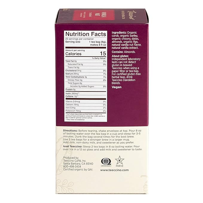 Teeccino Vanilla Nut Herbal Tea, 25 Tea Bags - Rich & Roasted Herbal Tea That’s Caffeine Free & Prebiotic for Natural Energy, 3X more Herbs, Acid Free, Great Hot or Iced