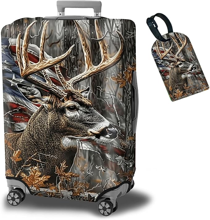 Luggage Cover + Tag, Camo Deer Flag Travel Suitcase Protector for 24 inch Luggage (M) with Concealed Zipper, Washable Elastic Cloth, Dustproof, Anti-Scratch