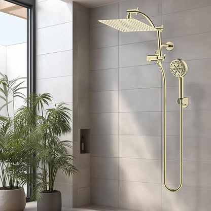 Hibbent All Metal Shower Head, 10'' High Pressure Rain Shower Head, Handheld Showerhead Combo, 16'' Adjustable Shower Extension Arm, 10 Sprays, 71'' Hose, Adhesive Showerhead Holder, Polished Brass