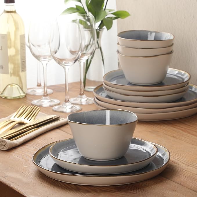 Gibson Elite Algeria River Plates and Bowls Sets, 12-Piece Stoneware Dinnerware