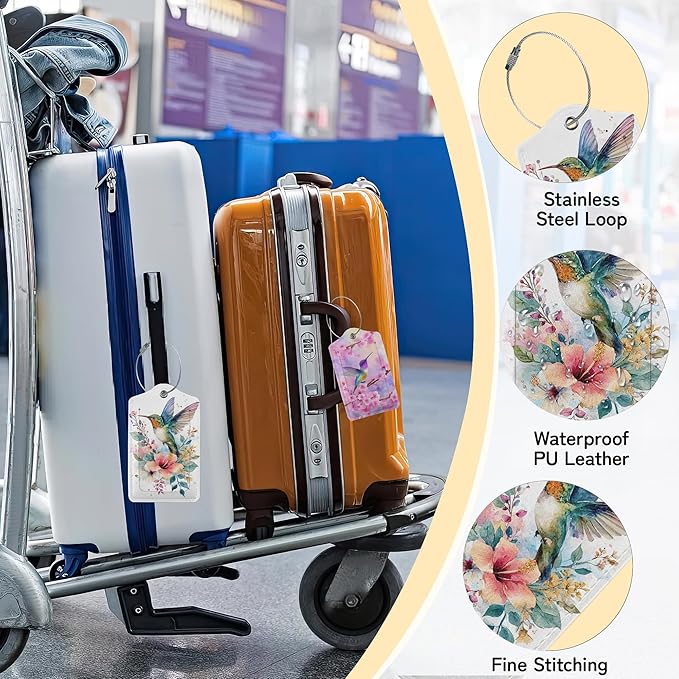 Hummingbird Flowers 3 Pack Luggage Tags for Suitcases, Cute Leather Name Tag with Privacy Cover with Stainless Steel Loops, Travel ID Bag Tags for Women Men