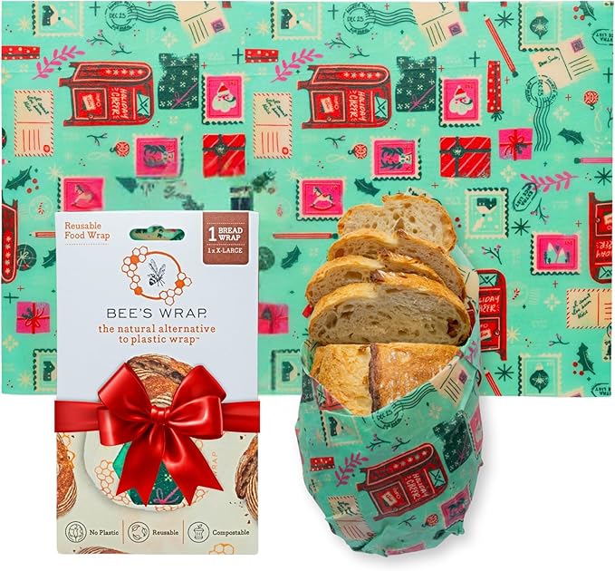 Bee's Wrap Beeswax Wraps for Food - Bread Wrap - Made in USA Reusable Bread Storage Bags - Organic & Eco-Friendly Alternative to Aluminum Foil, Sourdough Bags & Plastic Wrap, Seasons Greetings