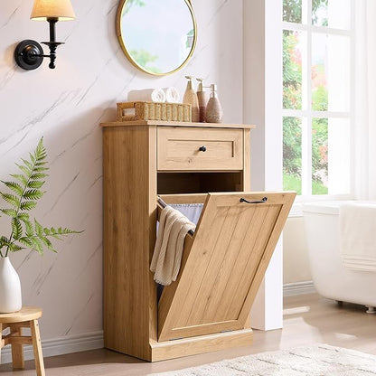 Tilt Out Laundry Hamper Cabinet, 10 Gallon Farmhouse Trash Can Cabinet with Drawer, Hidden Wood Garbage Can Bin Cabinets with Laundry Storage Basket for Bathroom, Kitchen, Natural