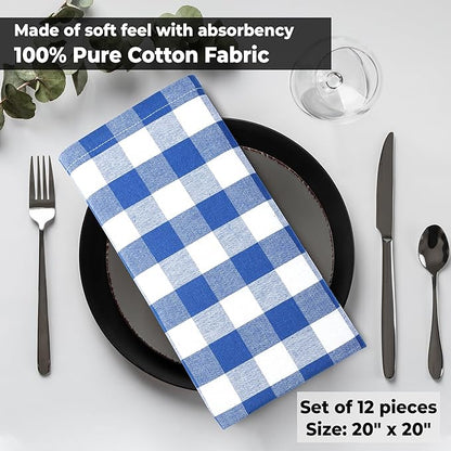 Urban Villa Cloth Napkins 100% Cotton Dinner Napkins Highly Absorbent 20x20 Inches (Set of 12) Blue White Buffalo Checks Reusable Washable Soft Durable Premium Napkins Ideal for Home Wedding Parties