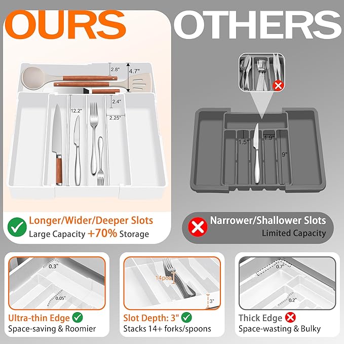 Expandable Large Silverware Organizer - BPA-Free Utensil Organizer for Kitchen Drawer, Adjustable Silverware Drawer Organizer Flatware Cutlery Tray for Spoons Forks Knives,10.2"-17.2" Wide