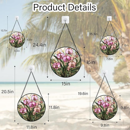 Stained Glass Window Hanging - Pink Phalaenopsis Orchid Green Leaves Sun Catcher for Door Home Decor Flower Suncatcher Christmas Mother's Day Birthday Gifts for Women Men Mom Nana 7.8 in