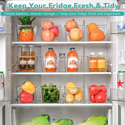 Clear Plastic Storage Bins, 12 Pack Acrylic Pantry Organizer and Storage Bins, Fridge Organizer, Small Plastic Containers Bins with Handles, CabinetOrganizer for Kitchen,Bathroom,Refrigerator,Shelves