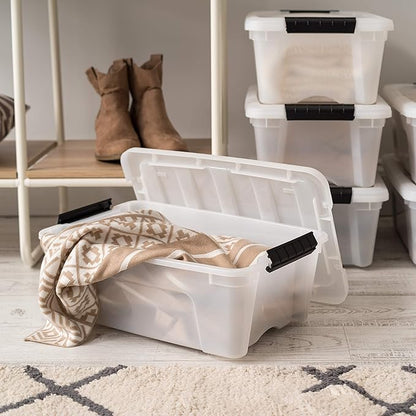 IRIS USA 13 Qt Stackable Plastic Storage Bins with Lids, 6 Pack - BPA-Free, Made in USA - Discreet Organizing Solution, Latches, Durable Nestable Containers, Secure Pull Handle - Pearl