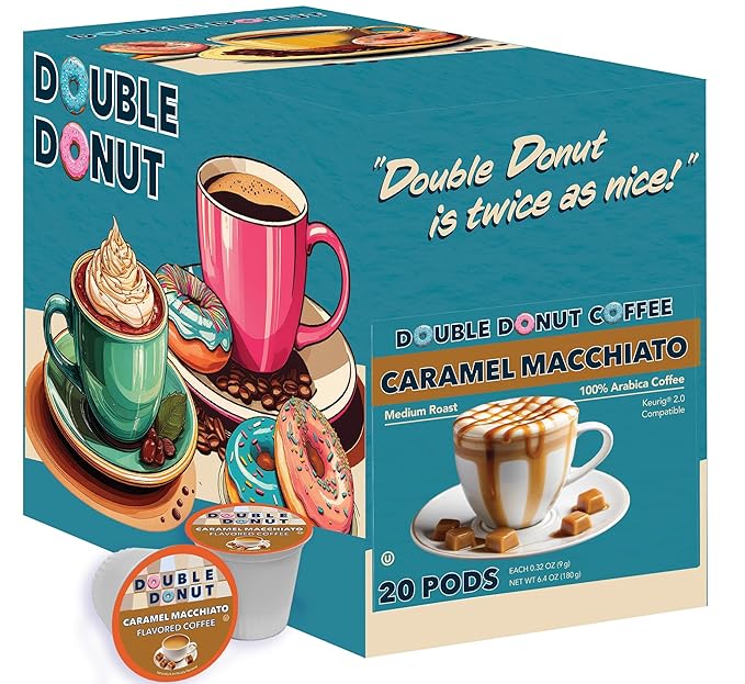 Double Donut Coffee Caramel Macchiato Flavored Coffee Pods, Medium Roast Coffee, for Keurig K Cups Machines, in Recyclable Pods, 20 Count