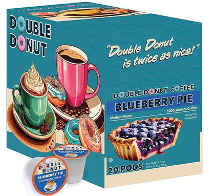 Double Donut Coffee Blueberry Flavored Coffee Pods, Medium Roast Coffee,Compatible with Keurig K Cups Brewers, 20 Count