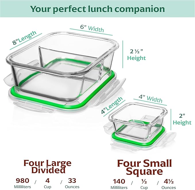 Fusion Gourmet Glass Meal Prep Containers with Lids [8 Pack, 33 oz & 4.5 oz] - 2 Compartment Divided Glass Bento Boxes for Adults, Oven Safe & Airtight