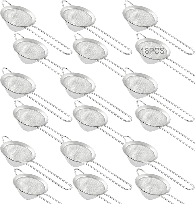 18 PCS Tea Strainers Cocktail Strainer Stainless Steel Fine Mesh Small Strainer, 3.3''Mini Tea Strainer with Long Handle for Cocktails Tea Herbs&Drinks,Conical Tea Filter Bar Colander Food Loose Tool