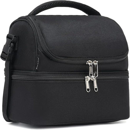 FlowFly Double Decker Cooler Insulated Lunch Bag Large Tote for Boys, Girls, Men, Women, With Adjustable Strap,Black