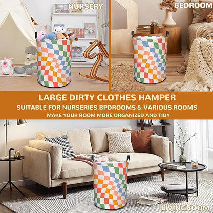 Checkered Laundry Basket,Colorful Retro Wavy Foldable Laundry Hamper Waterproof Oxford Cloth Tote Bag,Clothes Storage Bucket Decorative Toy Organizer For Bathroom Bedroom 16" x 20"