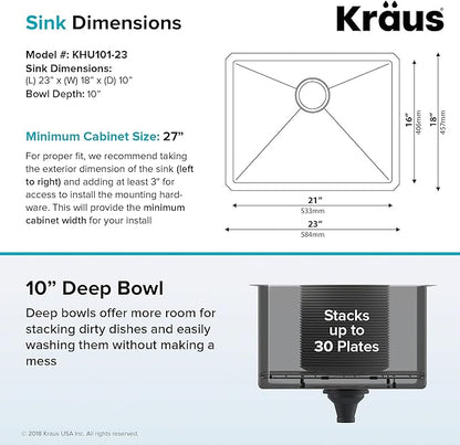 KRAUS Standart PRO™ 23-inch 16 Gauge Undermount Single Bowl Stainless Steel Kitchen Sink with WasteGuard™ Continuous Feed Garbage Disposal, KHU101-23-100-75MB