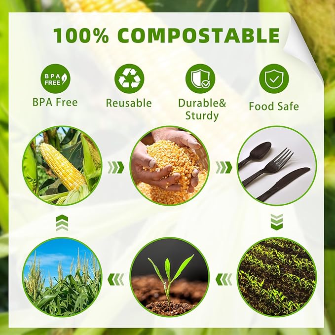 Black No Plastic Silverware, Disposable Compostable Utensils 50 Forks 50 Spoons 50 Knives Disposable Cutlery, Eco Friendly Compostable Utensils, Disposable Forks Spoons Knives Set for Party Office
