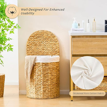Half Round Wicker Laundry Hamper with Lid and 2 Removable Liner Bags, Handwoven Natural Water Hyacinth Laundry Basket for Dirty Clothes, Natural
