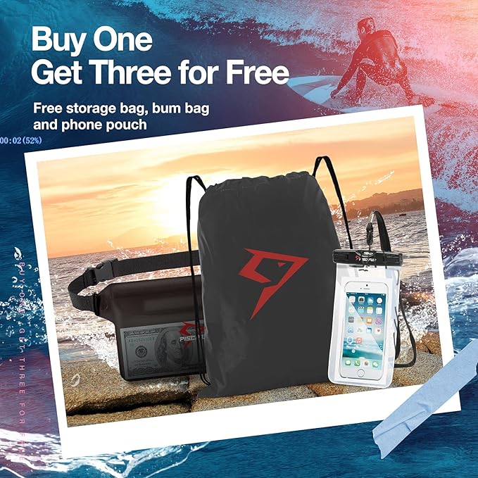 Piscifun Dry Bag Waterproof, Lightweight Dry Backpack Roll-Top Sealed with Waist Pouch and Phone Case Keeps Gear Dry Inside for Kayaking, Boating 10L 20L 30L