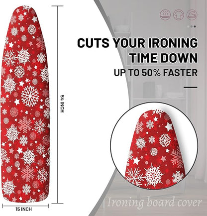 Extra Thick Ironing Board Cover and Pad, Christmas 15x54 Ironing Board Cover, Resist Scorching and Staining,Christmas Winter Snowflakes Xmas Red
