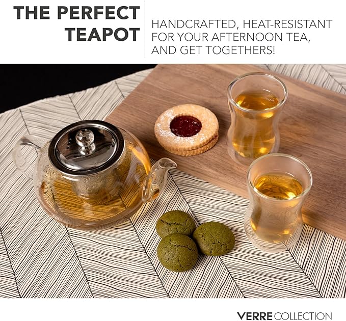 Glass Teapot Stovetop Compatible Kettle with Stainless Steel Removable Infuser, Loose Leaf Tea, Stovetop Safe Tea Pot and Strainer (27 Ounce)