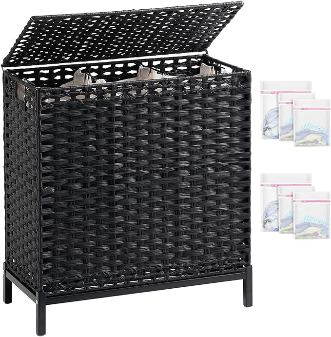 Laundry Hamper with Lid 132 L, (35 Gallons) Clothes Hamper with Lid, Handwoven Rattan Laundry Hamper with Metal Heightened Feet, Laundry Hampers with 3 Removable Liner Bags for Laundry-Black