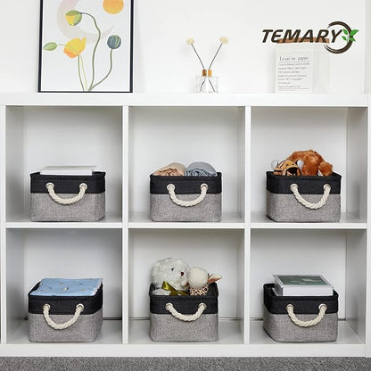 Temary Fabric Storage Baskets 6 Pcs Small Cloth Basket for Shelves Collapsible Decorative Storage Organizer Small Canvas Storage Bins with Handles (Black,11.8L x 7.9W x 5.3H inches)